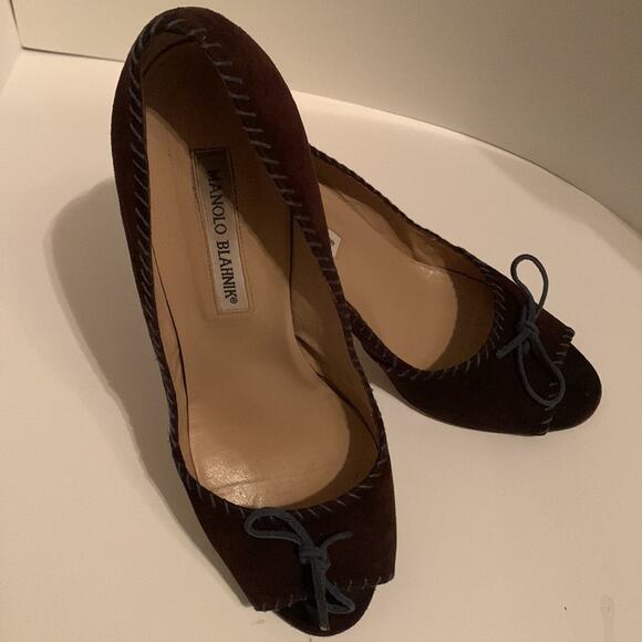 ▪️SOLD▪️Manolo Blahnik Chocolate Brown Suede -Peep TOE -Blue Lacing  39 1/2 M - Picture 9 of 15